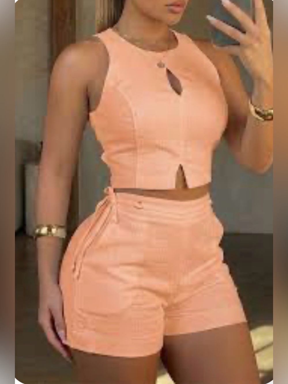 Peach Two-Piece Crop Top & High-Waist Shorts Set